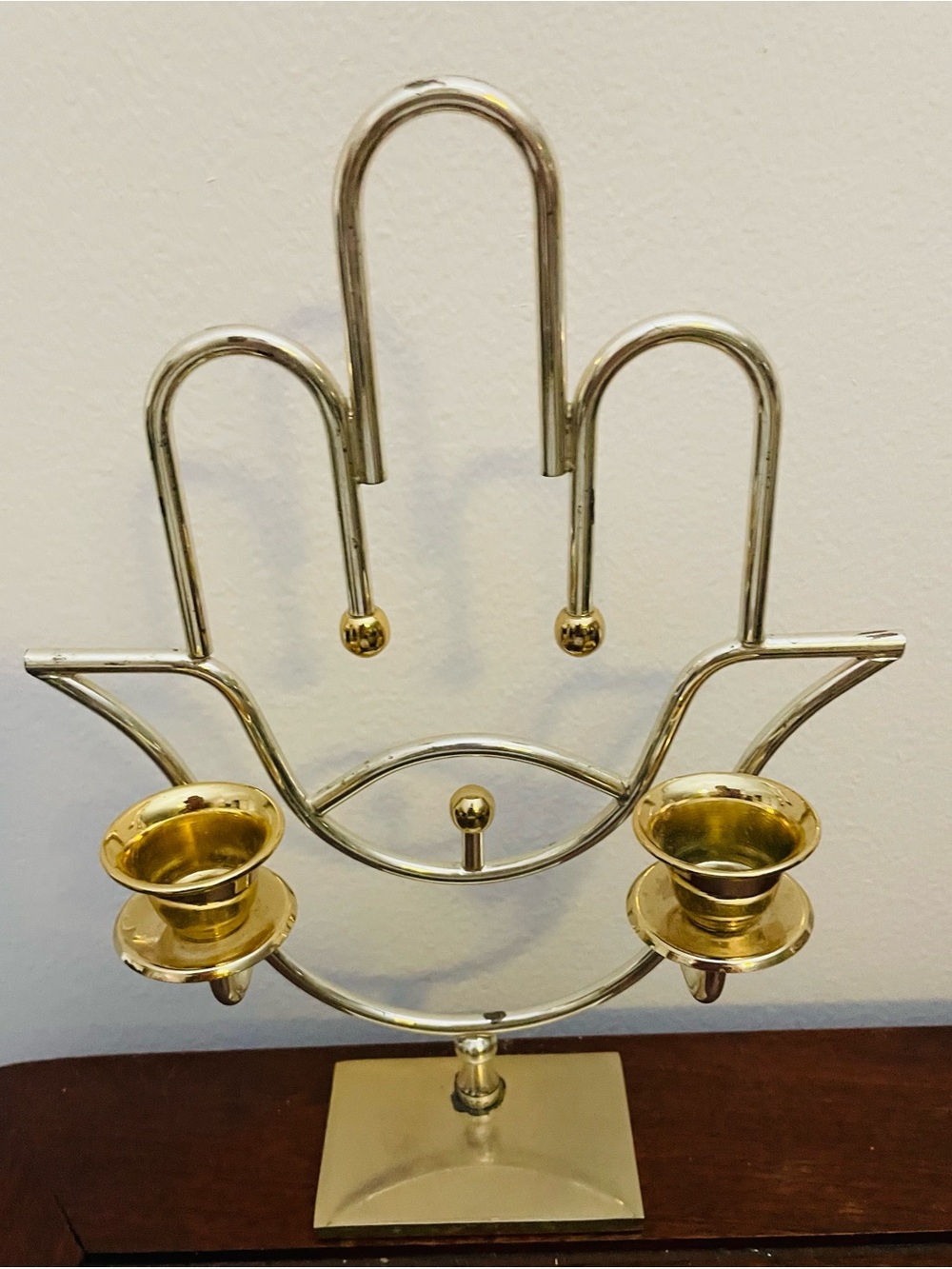 Judaica-Israel-Shabbat candle holder-24kt gold & silver plated-HAMSA-protection